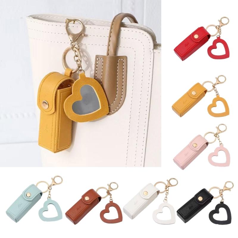 PU Leather Lipstick Bag Keychain Heart Pendant Mini Portable Key Chain Keyring