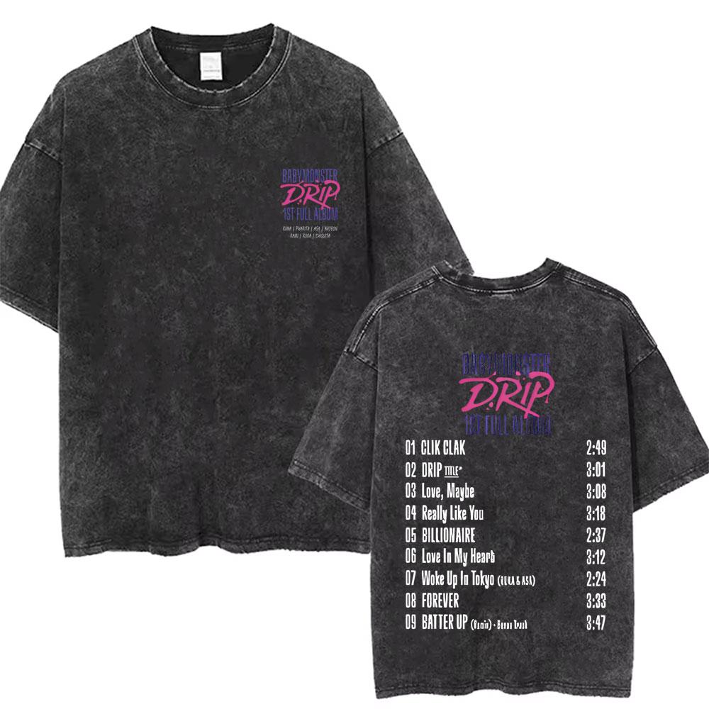 Babymonster Washed Vintage Tshirt Hello Monsters World Tour Graphic Tshirt Mens Korean Fashion Oversized Streetwear T Shirts