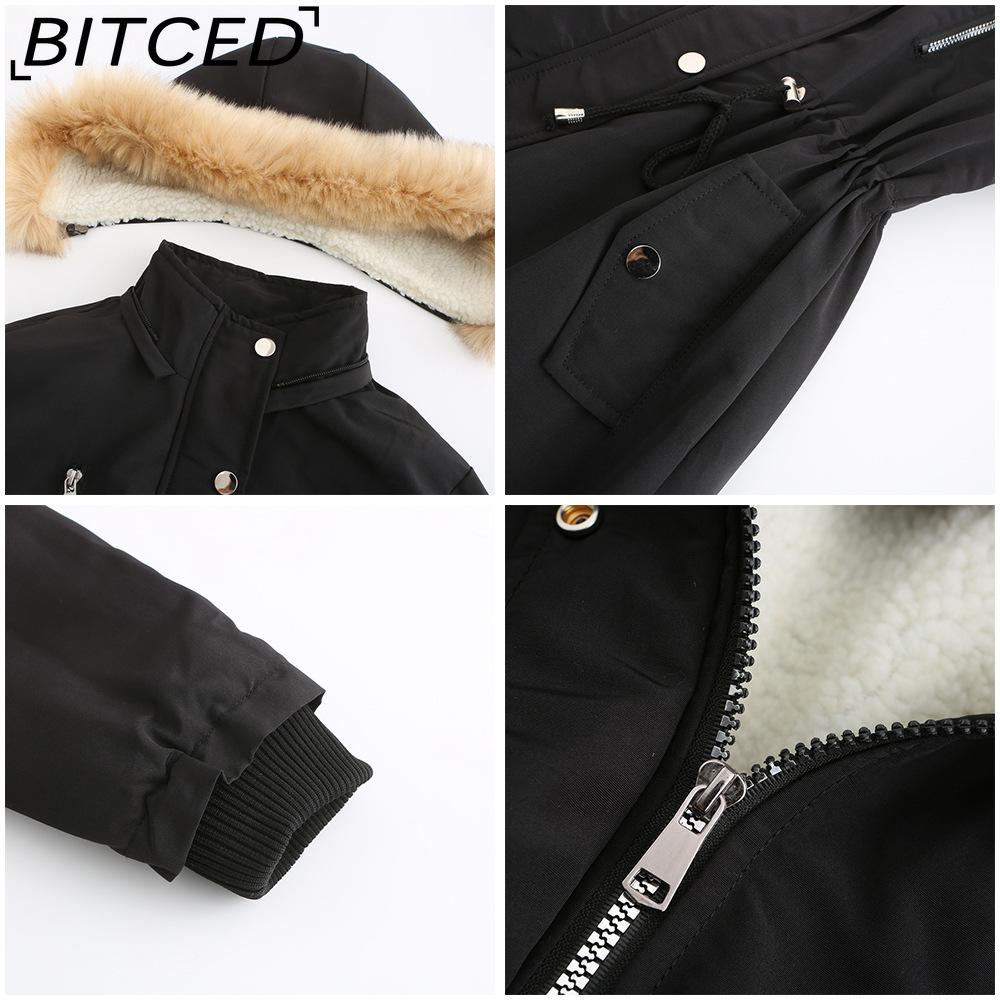 BITCED Autumn/Winter Women's Thickened Shearling-Lined Cotton Coat Loose-Fit Cotton Jacket with Detachable Hood and Fleece Lining
