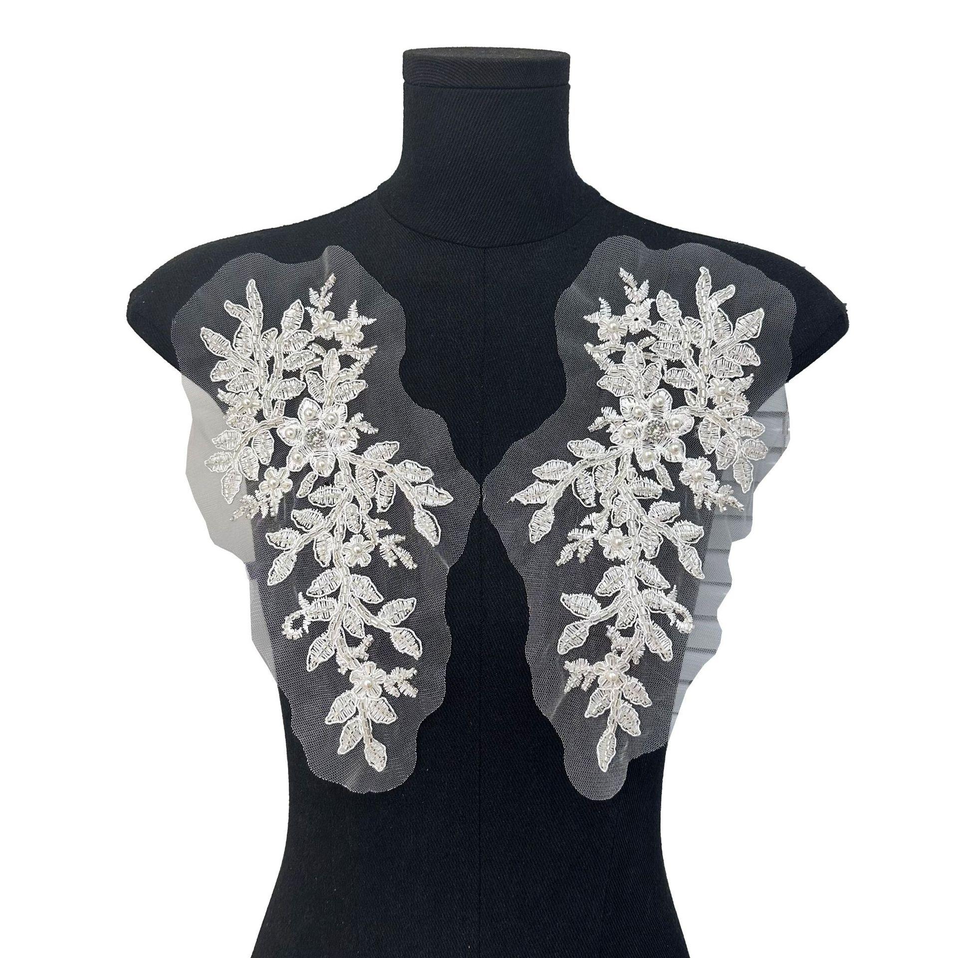 

White Beaded Lace Flower Embroidered Cloth Sticker Front Placket To Flower Wedding Dress Performance Dress Accessories Clothing Decoration H2040 a pair of beads