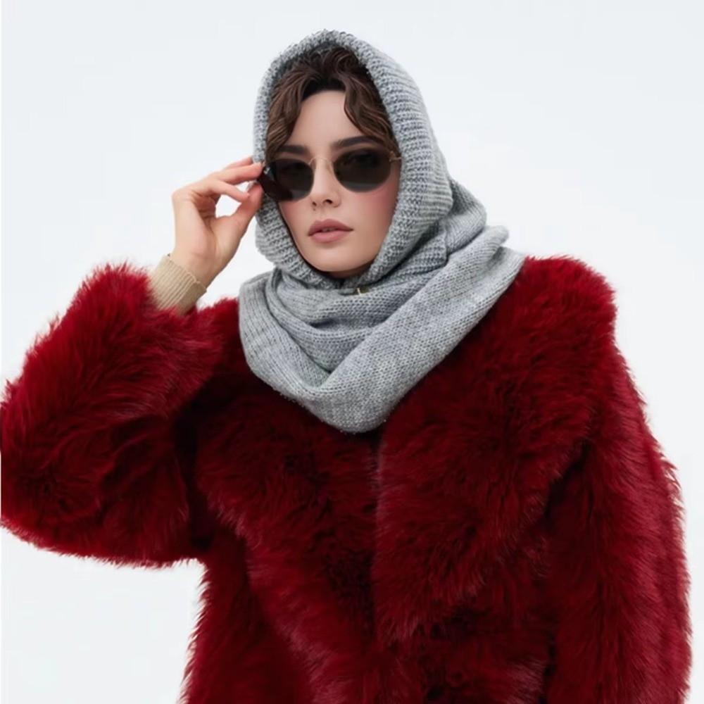 2 In 1 Knitted Hooded Scarf Solid Color Winter Crochet Beanie Hat New Neck Collar Hat  for Women
