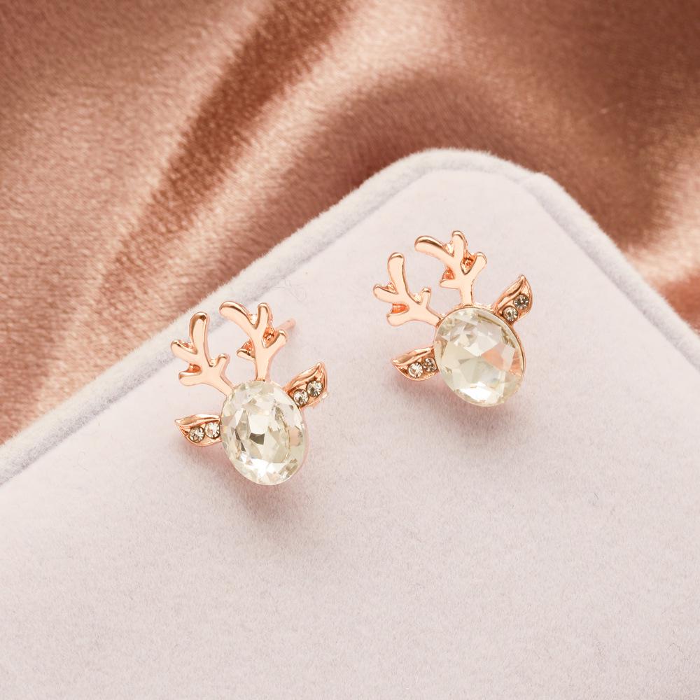 Crystal Gem Antler Earrings - Three-Dimensional Christmas Reindeer Design