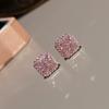 Silver Needle Simulation Pink Tourmaline Stud Earrings for Women, Slightly Inlaid Square Flash Diamond Earrings, Temperament High-end Niche Earrings