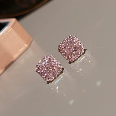 Silver Needle Simulation Pink Tourmaline Stud Earrings for Women, Slightly Inlaid Square Flash Diamond Earrings, Temperament High-end Niche Earrings