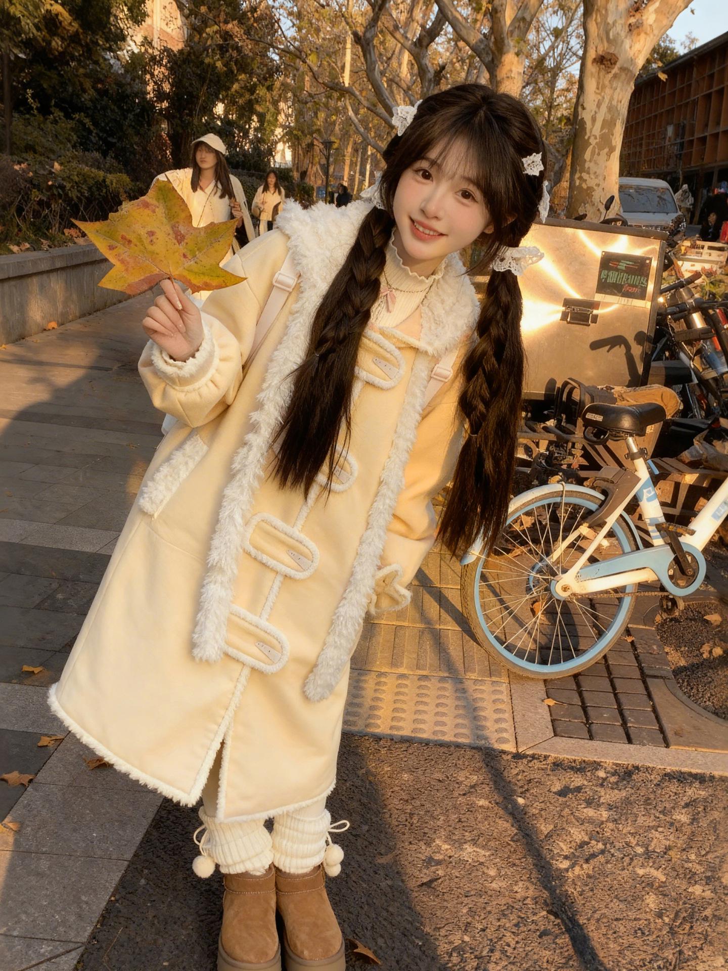 

Petite Long Yellow Patchwork Hooded Wool-Blend Duffle Coat for Women - Autumn/Winter Small