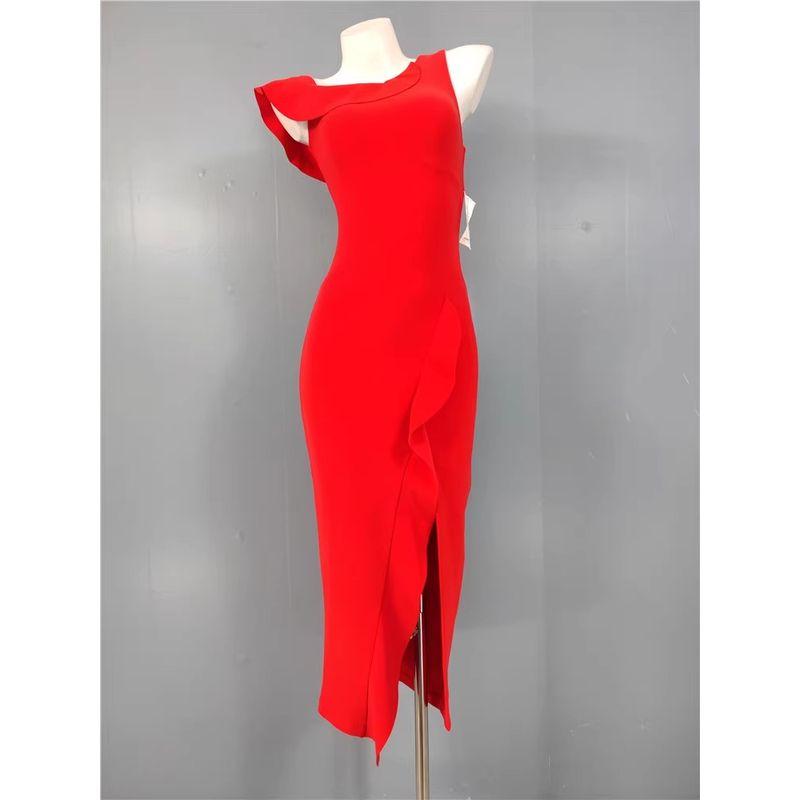 

Foreign Trade Order FN Home 2024 Autumn and Winter New Slimming Sheath Frill Oblique Collar Single Shoulder Split Beautiful Dress Red L(12)