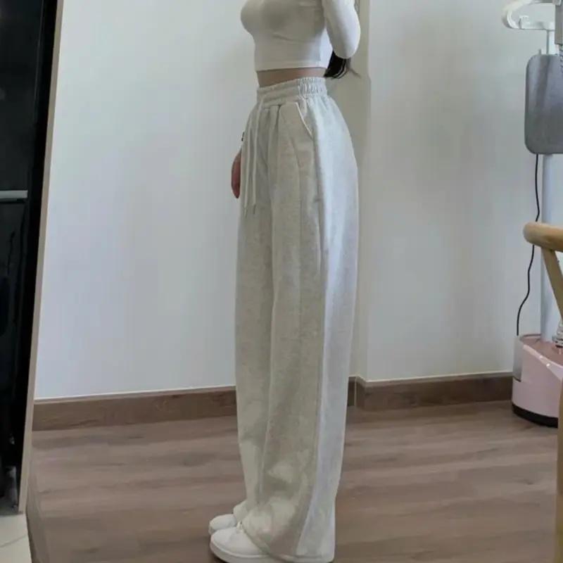Spring And Autumn Casual Loose Fit Women Regular Wide-Leg Pants Fashion High Waisted Drawstring Trousers with Pockets