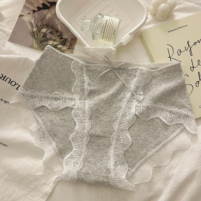 

7A Антибактериальное нижнее белье Женские трусы из чистого хлопка с промежностью и средней талией Бесшовные кружевные кромки Сексуальные треугольные трусики L светло-серый
