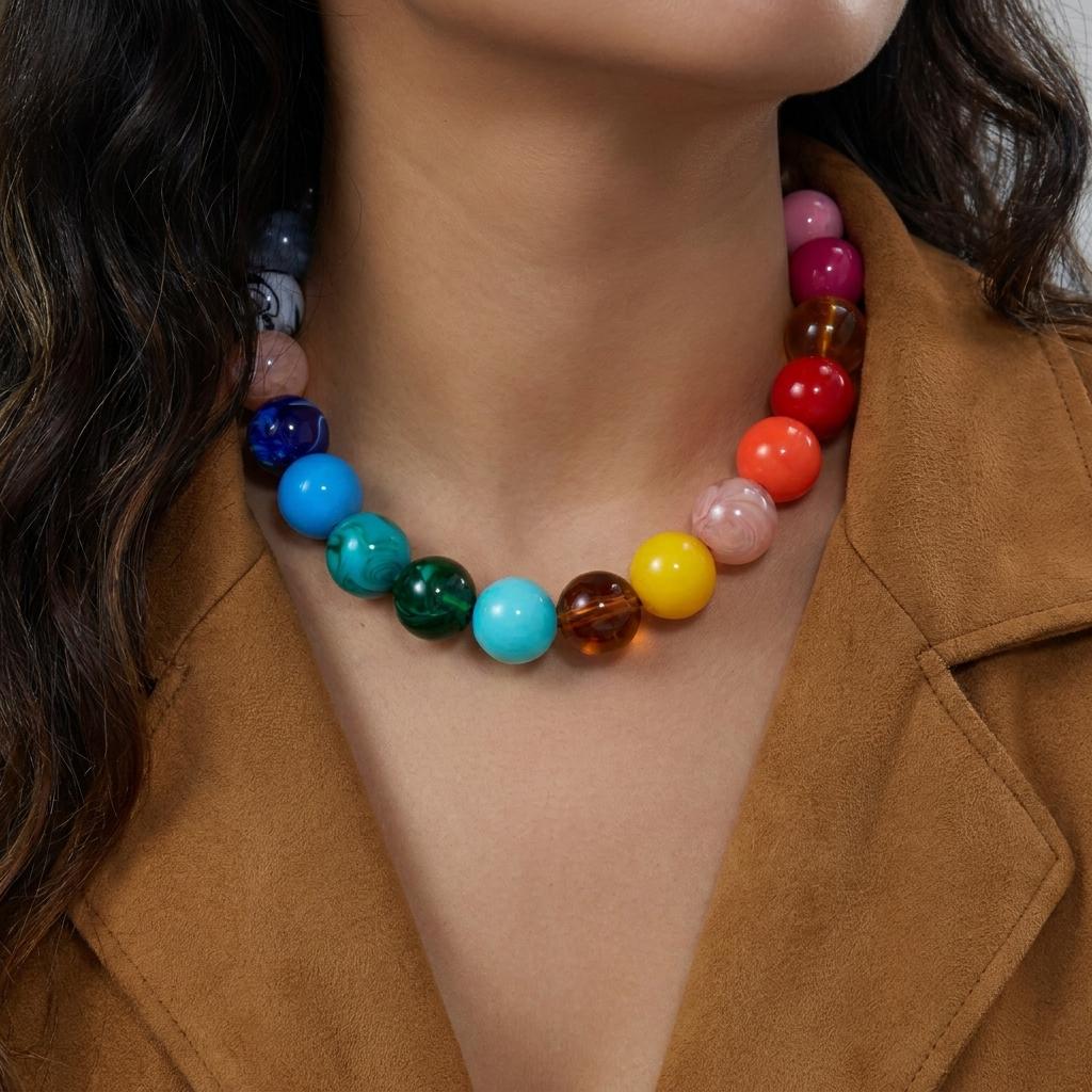 Exaggerated Colorful Chunky Beads Necklaces for Women Men Handmade Round Resin Beaded Chain Choker Statement Charms Jewelry
