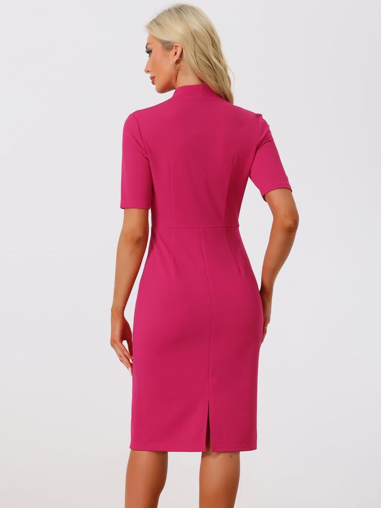Allegra K Women's Fuchsia Sheath Midi Dress, V-Neck, Short Sleeves, Bodycon Style, for Work or Office Use, Size M