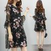 Dress Print Floral Sweet Chiffon Lotus Leaf Sleeve Midlength Slim Womens Round Neck Aline Skirt Holiday Beach Dress Lightweight