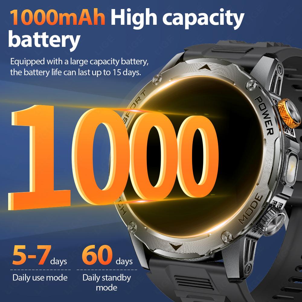 LIGE New 1000mAh Capacity Battery Smart Watch LED Flashlight Outdoor Mountain Climbing Cycling Sports Health Monitor Smartwatch