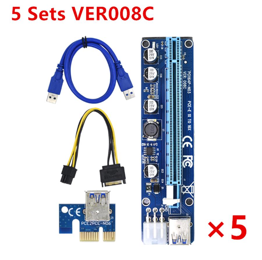 5 Sets 60CM Ver008C PCI-E Riser Card PCI-E 1X To 16X Power Cable USB 3.0 Cable