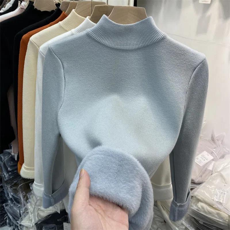 Korean Half High Collar Slim Thick Knitted Pullovers Women Winter Plus Velvet Warm Sweaters Solid Casual Fleece Lined Jumpers
