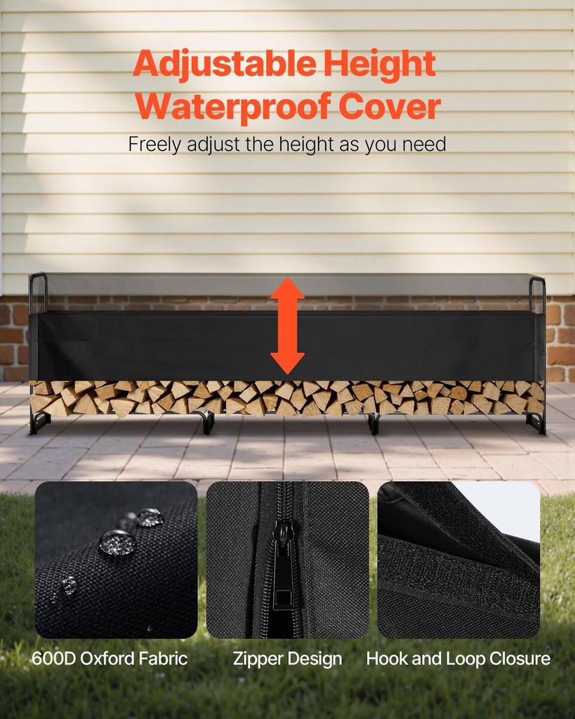 12.7FT Outdoor Firewood Rack with Cover, 152x14.2x46.1in,Heavy Duty Firewood Holder & 600D Oxford Waterproof Cover for Fireplace, Patio,