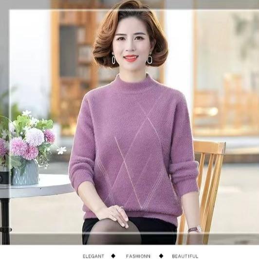 Women's Mink Fleece Sweater Winter Thick Pullover Knitwear Half Turtleneck Warm Knit Top Plush Jumper