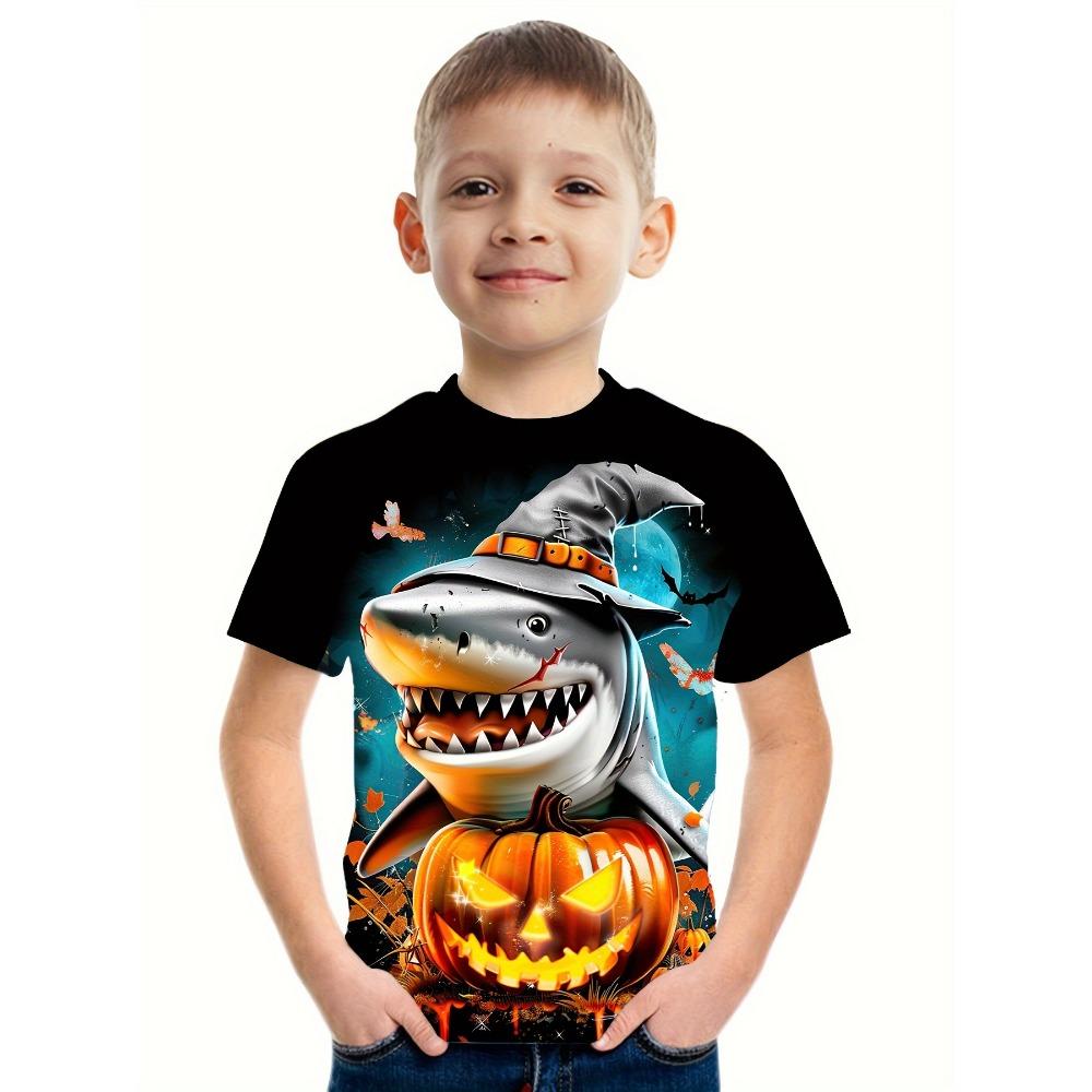 Children's Halloween Shark Pumpkin Printed Boys' T-shirt Short Sleeve Cartoon Pattern T-shirt Round Neck Children's Clothing