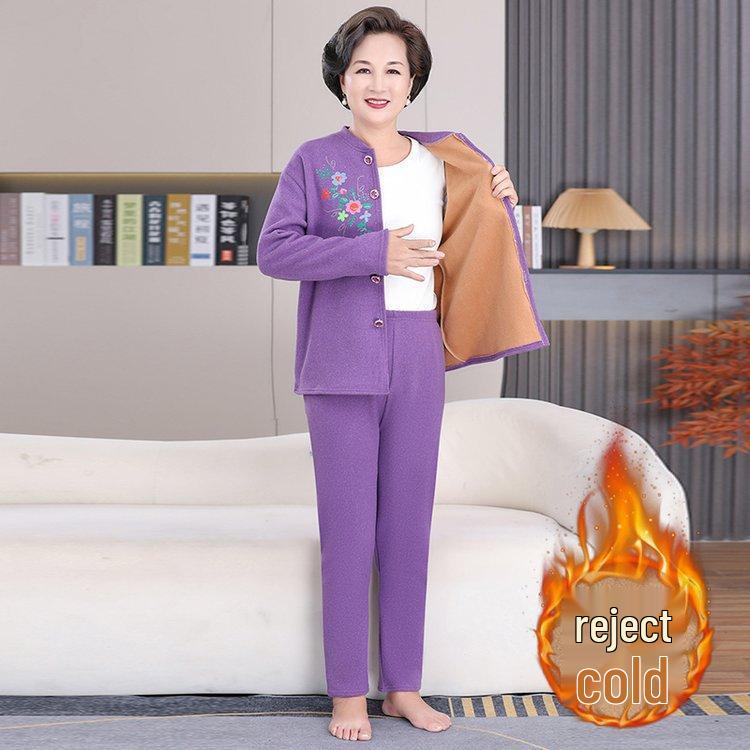 Thick Fleece-Lined Velvet Cardigan & Pants Set for Elderly Women, Plus Size - Perfect Winter Wear for Moms