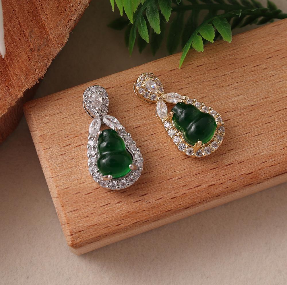 Rhinestone Green Gourd Pendant Light Luxury Retro Chinese Style Earrings