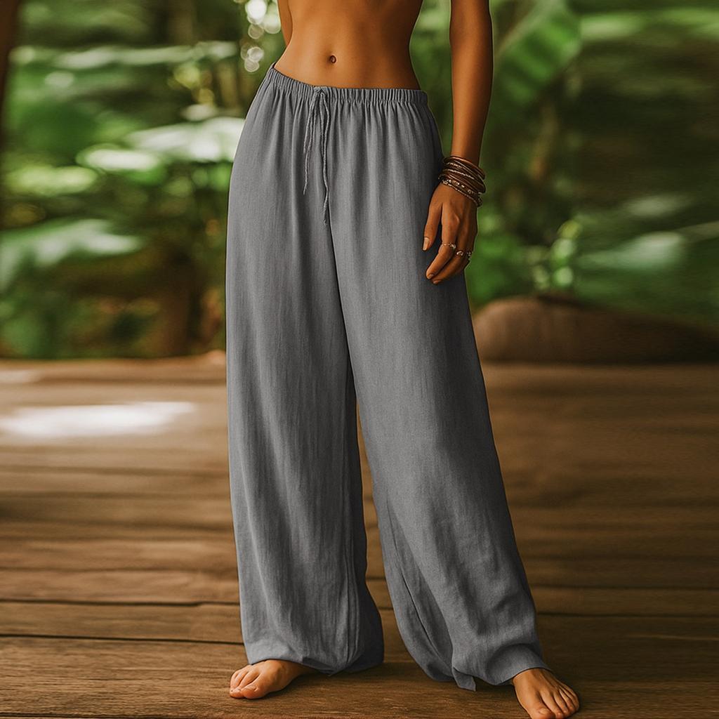 Women's  Fashionable Loose Solid Color Elastic Waist Pocket Straight Leg Casual Pants