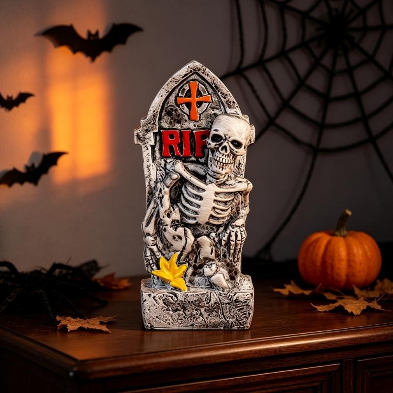 Shelf Ready Halloween Grave Marker Item, Resin Bone Figure Accent for Entry Table Styling and Event Display Use