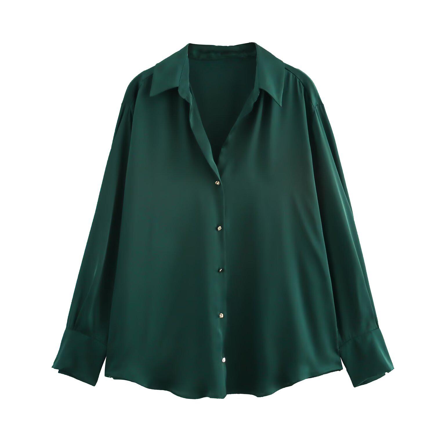 

Женская шелковая атласная рубашка с лацканами на весну/лето 2025 года - Элегантный, универсальный и простой модный топ M темно-зеленого
