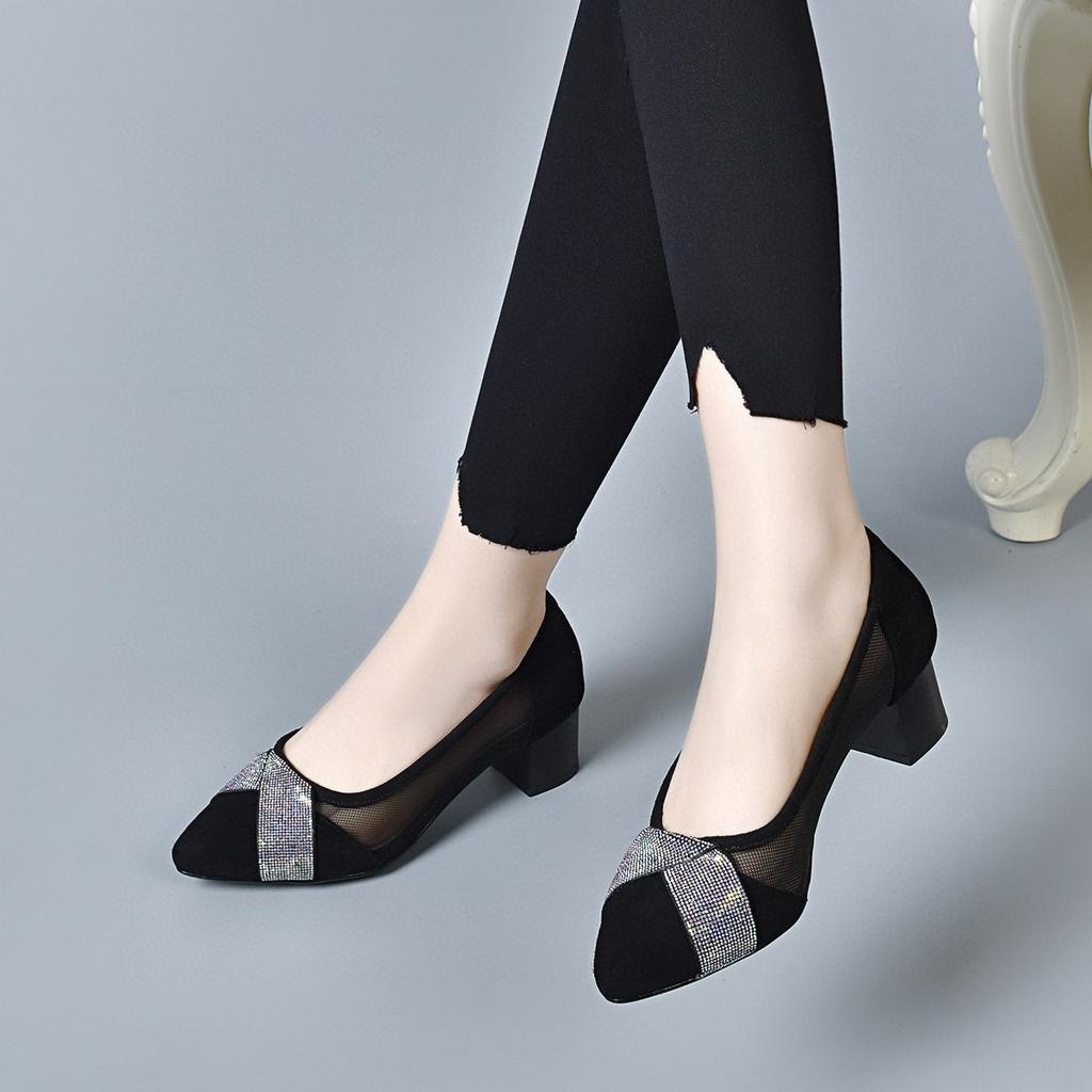 Pointed high heels women's 2024 spring simple temperament banquet shoes rhinestone mesh single shoes three height fashion shoes
