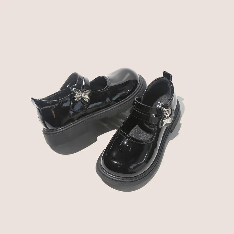 Kids Leather Shoe Glossy PU Black Shoes for Girls New School Versatile Children's Causal Princess Thick Bottom Mary Jane Shoes