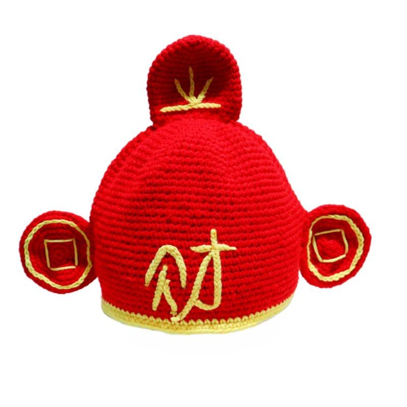 

Hat in the red God of Wealth hat worship parent-child hat pure hand-knitted rich rich hat autumn and winter warm wool hat S（45-48cm）） красный