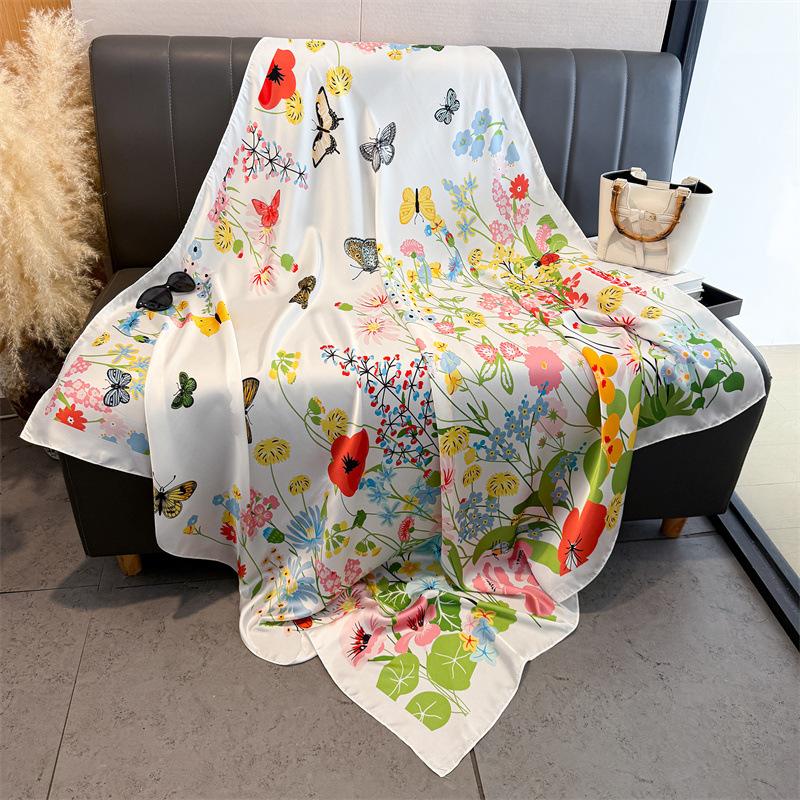 Butterfly Flower Simulation Silk Premium 111cm Large Square Scarf Silk Scarf Printed Shawl Sunscreen Scarf Headscarf Scarf
