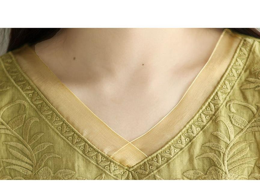 Women's Summer 2024 V-Neck Embroidered Three-Quarter Sleeve Cotton Linen Shirt