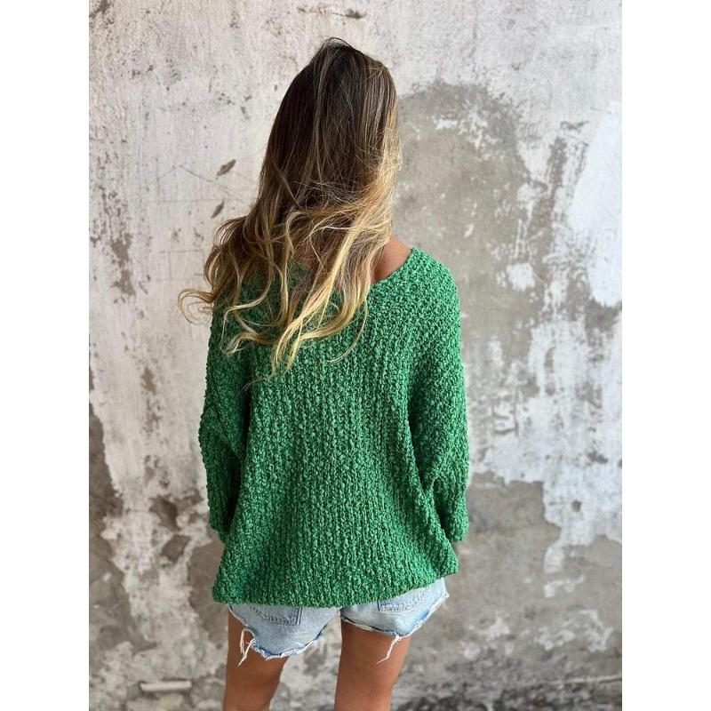 Autumn and Winter Women's Crewel Knit V-Neck Slouchy Long Sleeve Sweater