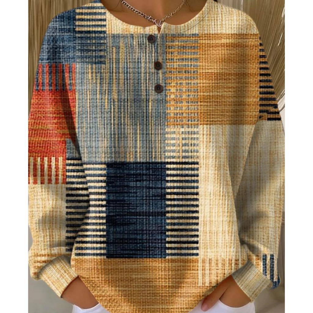 Women's Crew Neck Long Sleeve Waffle Knit Henley Top Loose Fit Casual Sweatshirt