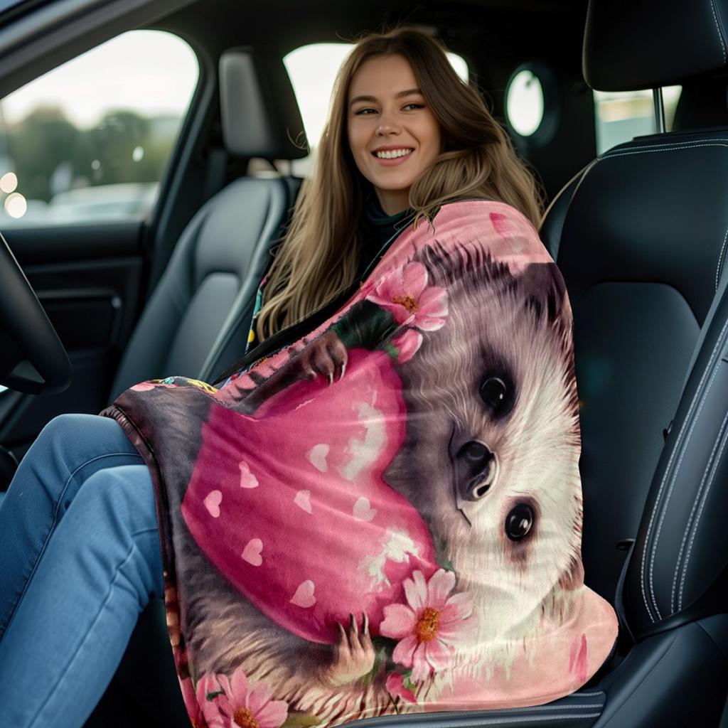 1pc Cute Hedgehog Holding Heart Pink Floral Blanket Love Theme Flannel Blanket Valentine's Day Gift Soft Throw Blanket