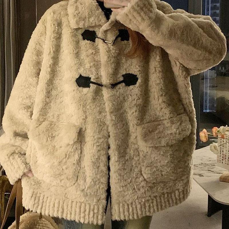 Coat for Women Fleece Thickened Plush Autumn Winter Windbreaker Oversize Casual Jacket