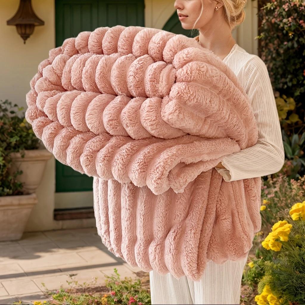 

150*200СМ Универсальное одеяло из искусственного кроличьего меха - Мягкое, двухстороннее плюшевое для тепла и комфорта в любое время года, идеально подходит для офиса 150*200cm розовый