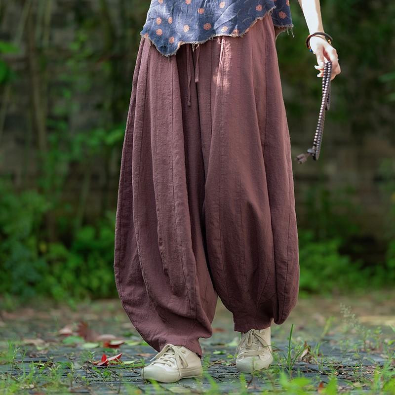 Johnature Women Vintage High Quality Bloomers Pants Solid Color Loose Autumn Trousers Elastic Waist Pants