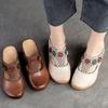 Ethnic Style Flower Mid Heel Slippers Summer New Round Toe Retro Comfortable Versatile Women Shoes Outside Slides
