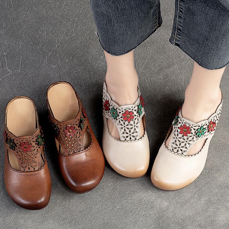 Ethnic Style Flower Mid Heel Slippers Summer New Round Toe Retro Comfortable Versatile Women Shoes Outside Slides