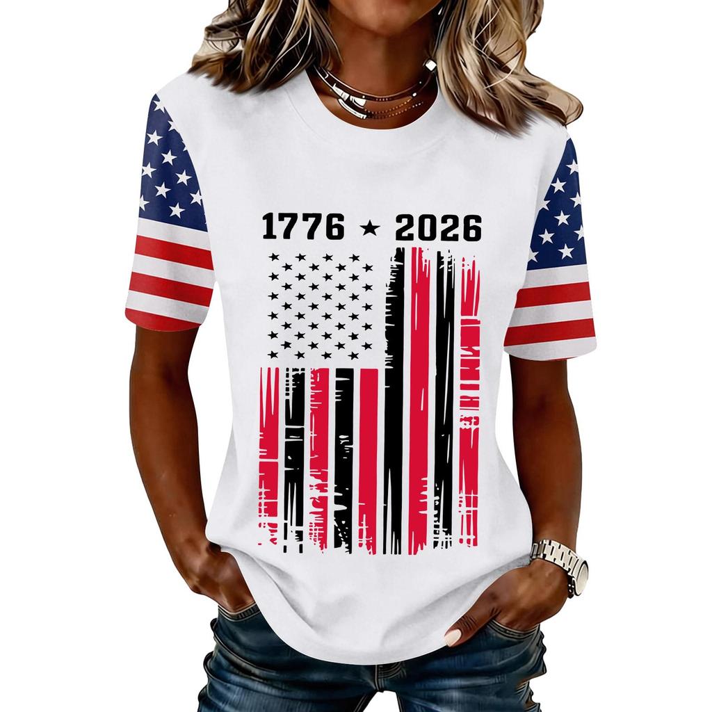 Women’s Short Sleeve Crew Neck T Shirt with 1776 2026 Print and Distressed Flag Graphic Casual Top