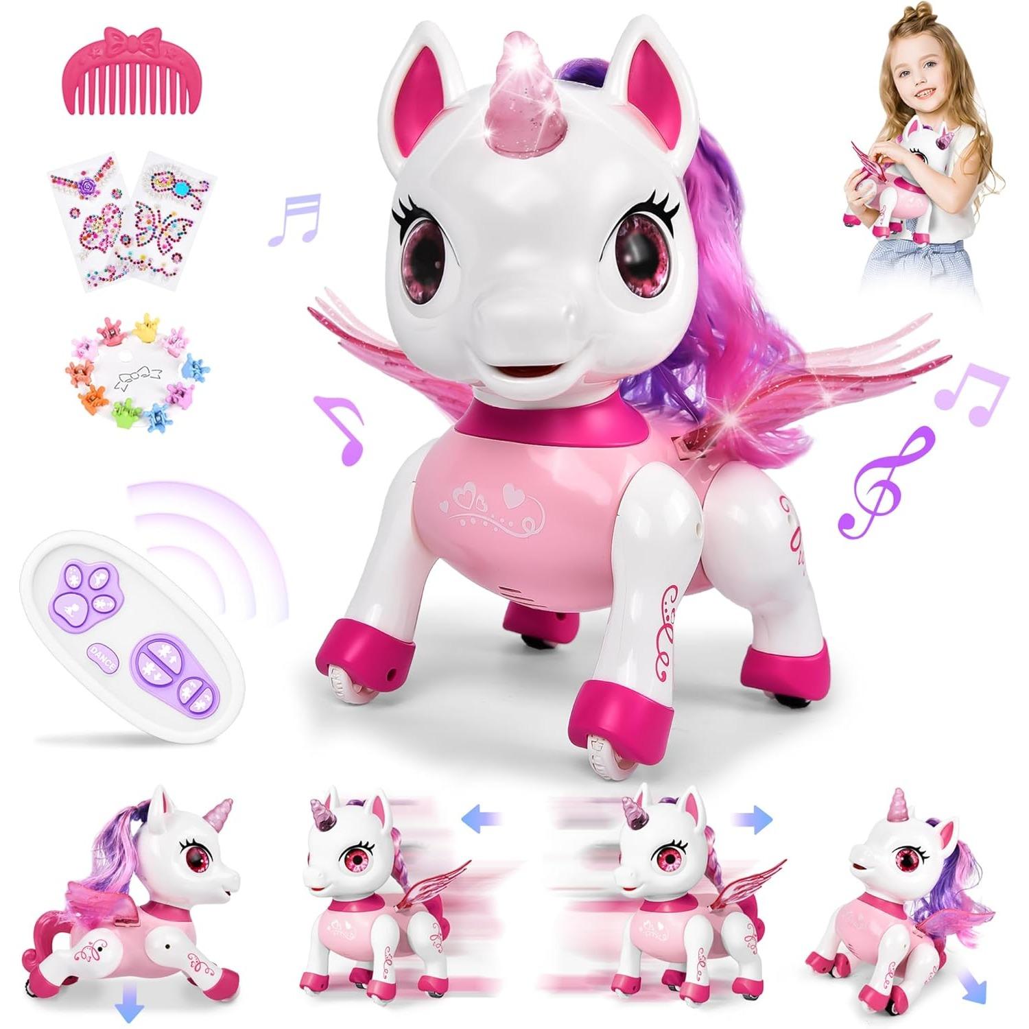 

Hot Bee Робот-единорог для девочек, Подарок для мальчиков 3 4 5 лет, Радиоуправляемые перезаряжаемые единороги со светодиодными крыльями, Музыкой и танцами, Электрические игрушки-роботы, подарки розовый