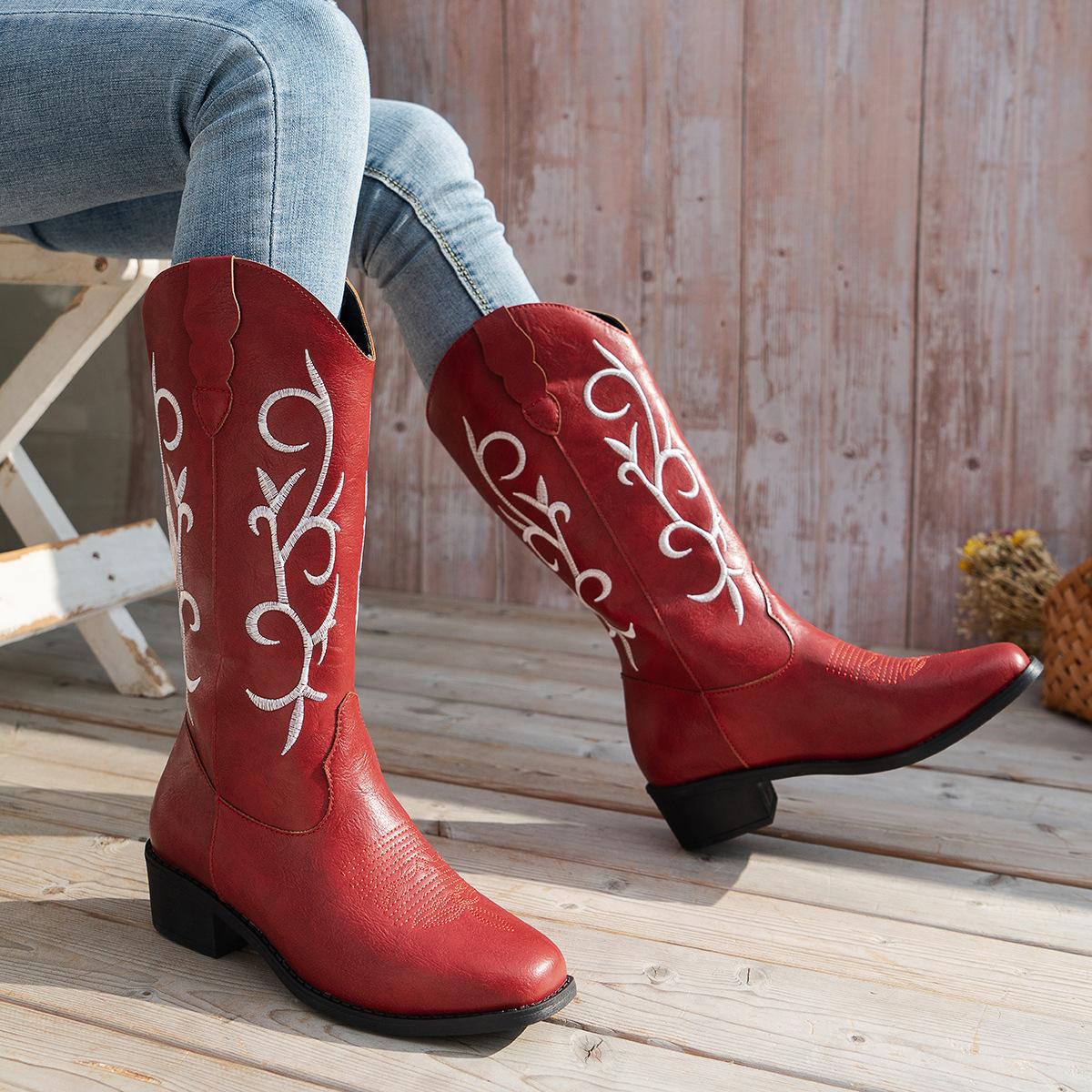 

Ковбойские сапоги для женщин, ковбойские сапоги до середины голени, вышитые квадратные носки, ботинки на толстом блочном каблуке, женские сапоги на низком каблуке без застежек 37