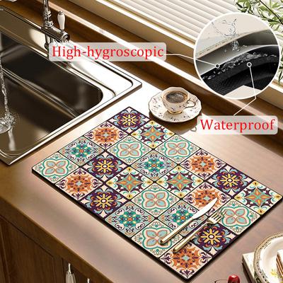 Kitchen Drain Pad Dish Quick Drying Mat Printed Tableware Mat Dinnerware Cup Bottle Rug Non -Slip Easy Clean Diatom Mud Bathroom