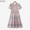 ZANZEA Women Casual Round Neck Summer Short Sleeve Print Dress