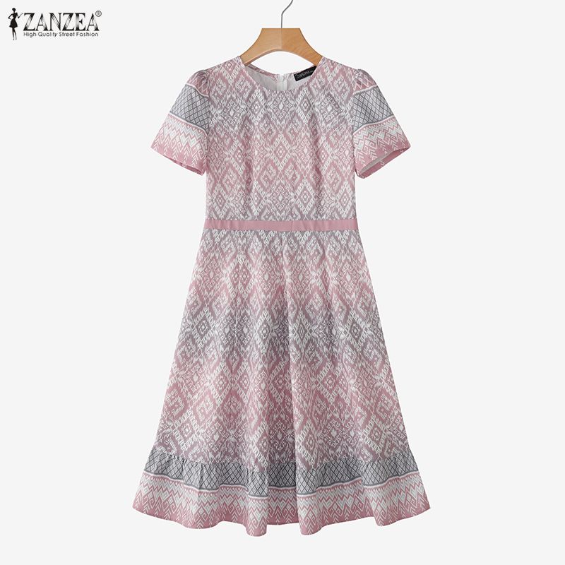 ZANZEA Women Casual Round Neck Summer Short Sleeve Print Dress