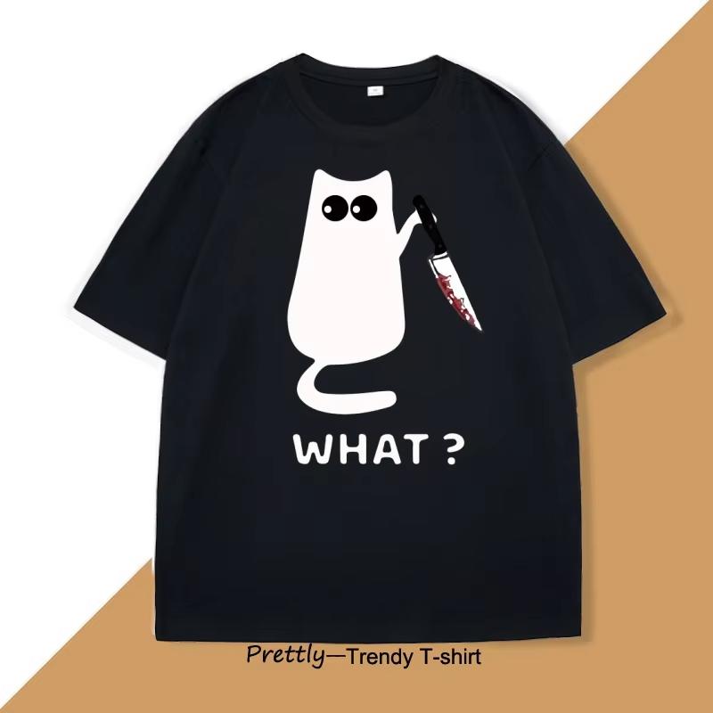 Funny Black Cat Printed T-shirt Cotton Short Sleeve Crew Neck T-Shirt Men Women Breathable Tee Unisex Loose Cat Lover Tees S