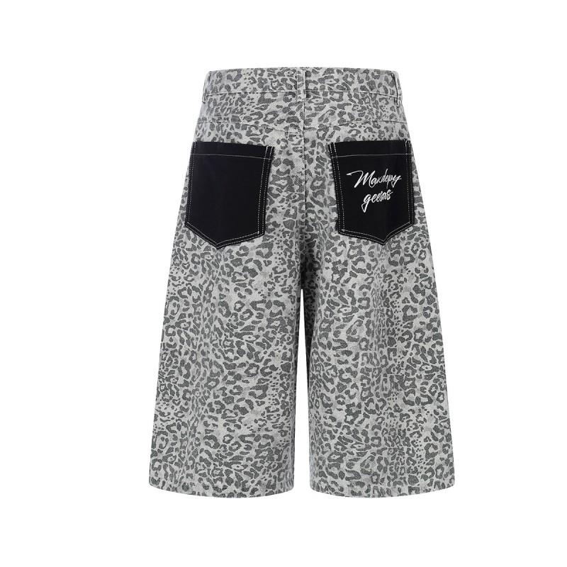 2026 American Vintage Leopard Print 3/4 Length Pants Loose Straight Leg Distressed Washed Casual Trousers Men Women