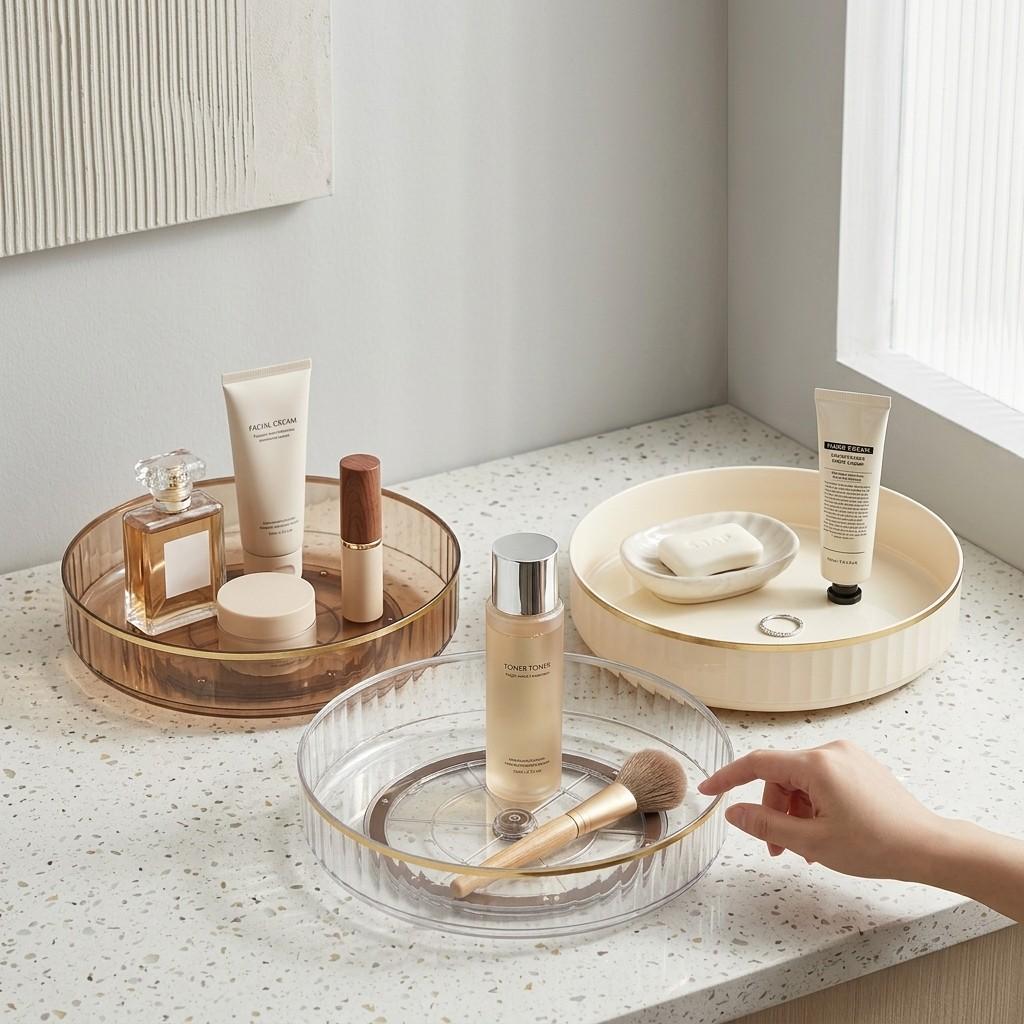 360 Rotating Makeup Organizer Vanity Tray Round PET Plastic Perfume Stand Cosmetic Skincare Bedroom Bathroom Storage Shelf Rack