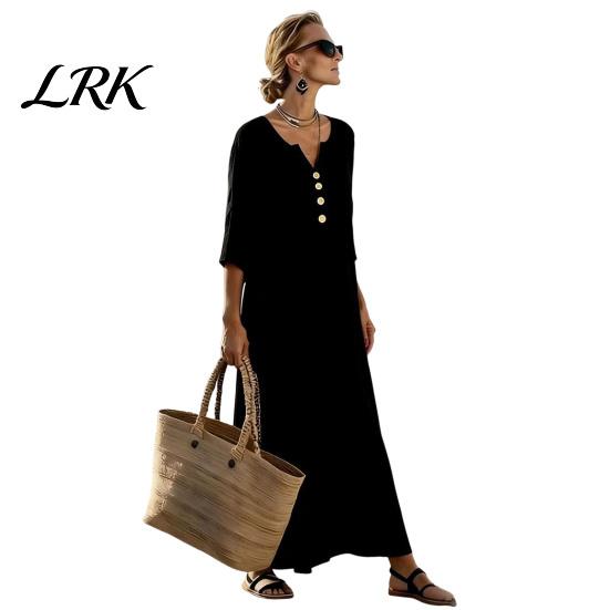 Comfortable Summer Dress Loose Maxi for Women, 3/4 Sleeve Button Up Everyday Wear V Neck Casual Long Dress, Flowy Beach Sundress Fit