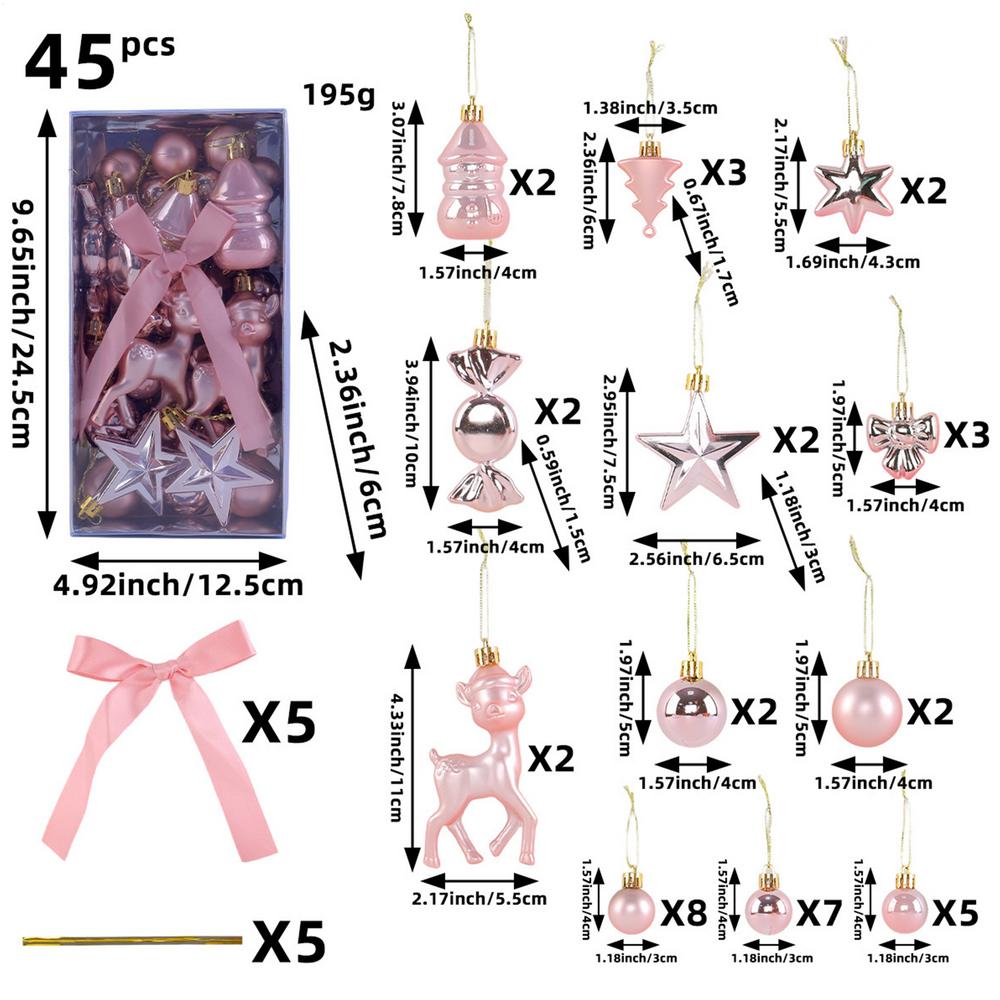 45PCS Christmas Tree Ornaments Set Winter Holiday Decoration Pendants Christmas Tree Ball Decorations for Railing Window